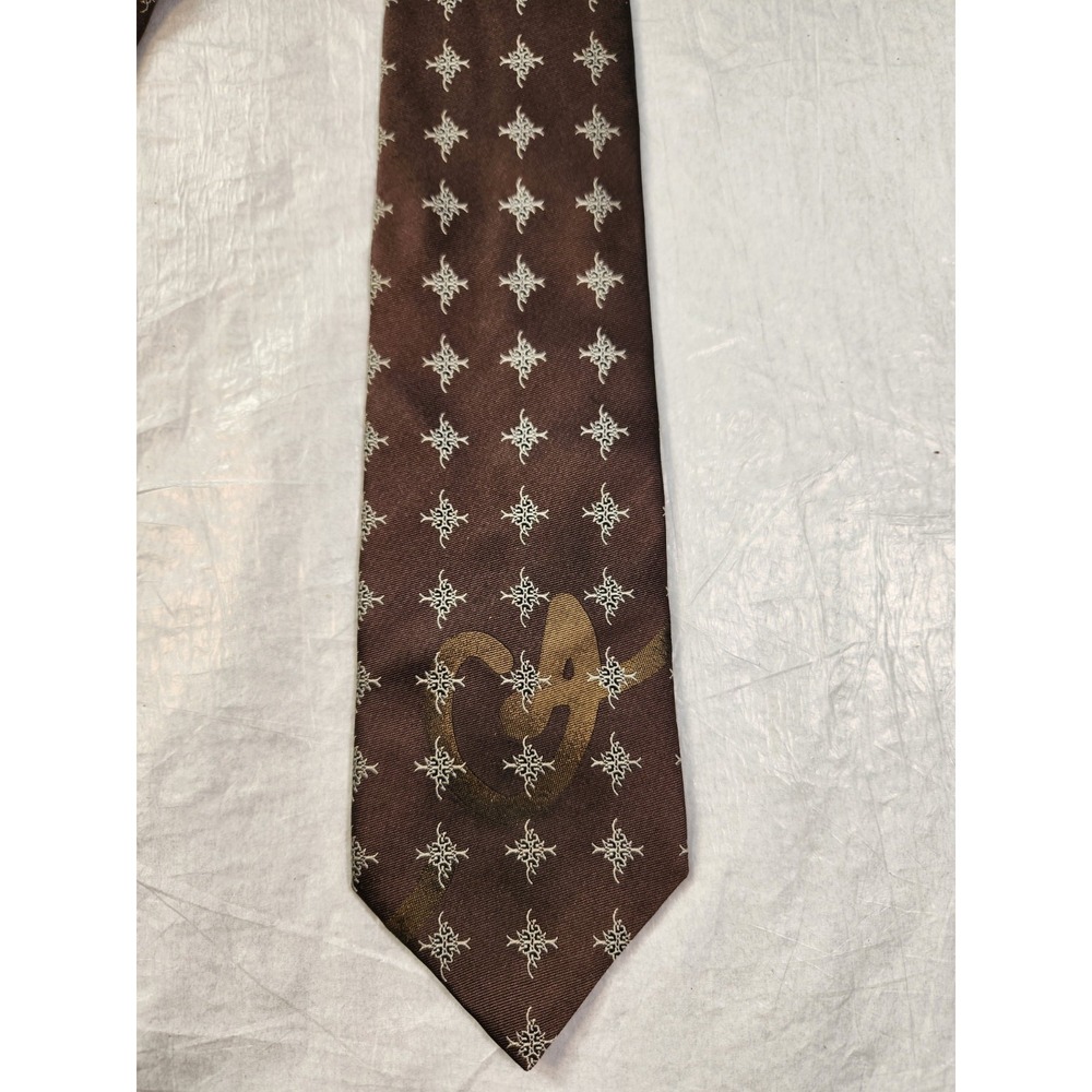 CHRISTIAN Lacroix 100% Silk Brown Gold Logo Print Necktie Tie Italy